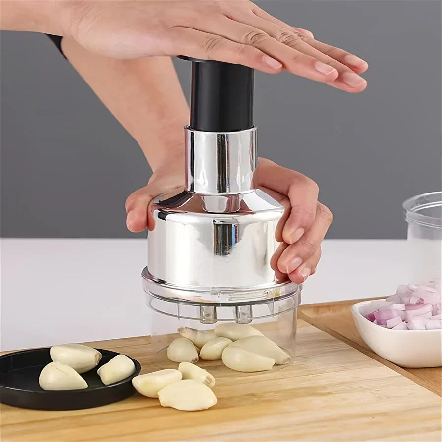 304 Stainless Steel Manual Garlic Press Vertical Hand Cutter Chopper for Onion Nuts Vegetable Food with Storage Kitchen Tool