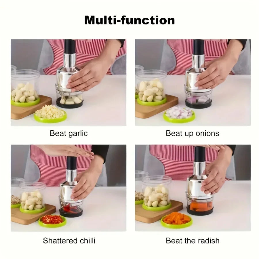 304 Stainless Steel Manual Garlic Press Vertical Hand Cutter Chopper for Onion Nuts Vegetable Food with Storage Kitchen Tool